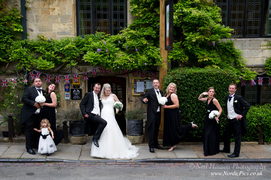 Fun Wedding party portraits at a Wedding at The Bay Tree Hotel in the Cotswolds
