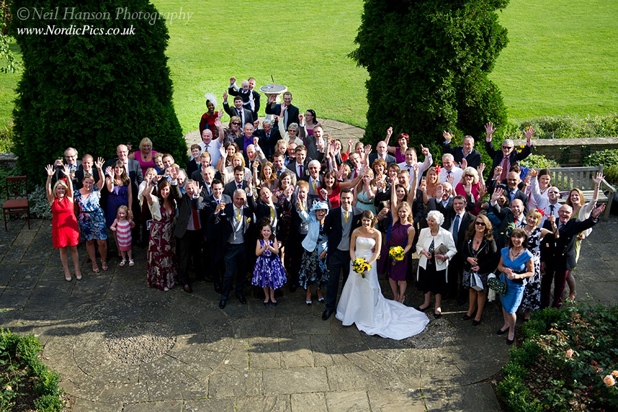 Large groups shot of all Wedding guest at a wedding at St Hughs College Oxford