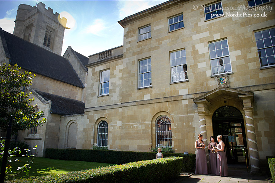 Bridesmaids awaiting the Brides arrival at St Peters College Oxford Wedding