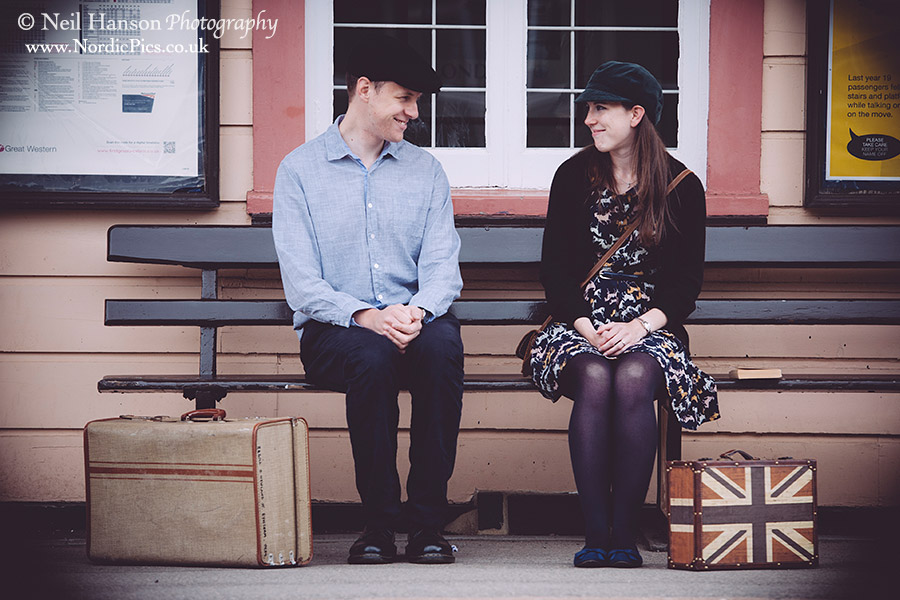 Vintage styled pre-wedding portrat photography at Charlbury Train station in Oxfordshire