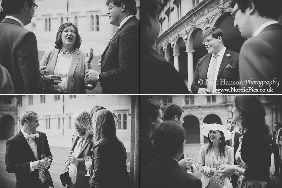Guests enjoying the drinks reception at St Johns College before a Wedding Ceremony at The Divinity School