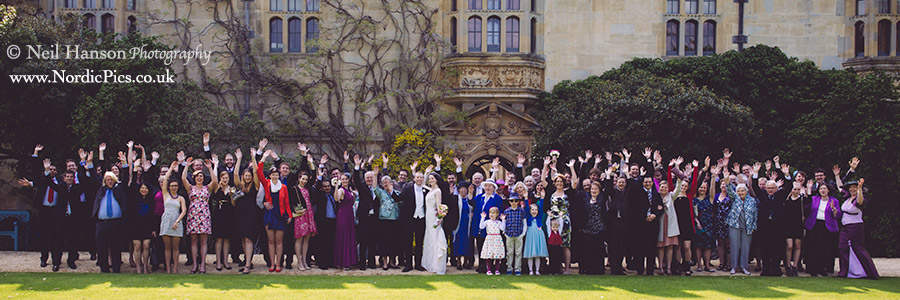 Large group photo of Bonnie & Philips Wedding at St Johns College Oxford