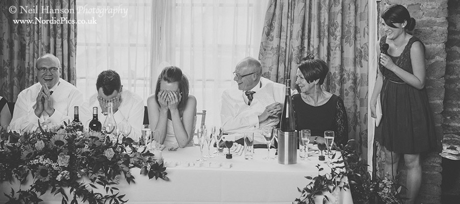 Embarrassing moment for the Bride and Groom during the Wedding speeches at The Great Barn Aynho