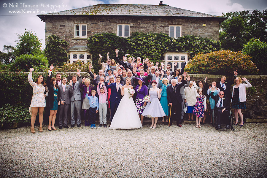Large group shot at a Wedding at Coombeshead in Cornwall