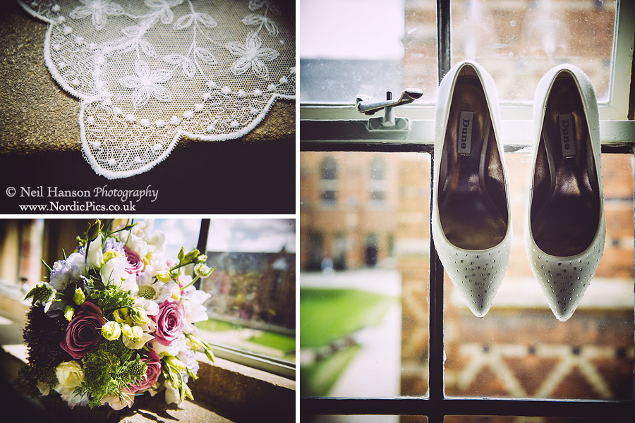 Wedding day details of flowers shoes at a Keble College Wedding in Oxford