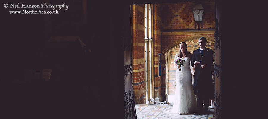 Bride arrives at Keble College Chapel for her Wedding ceremony