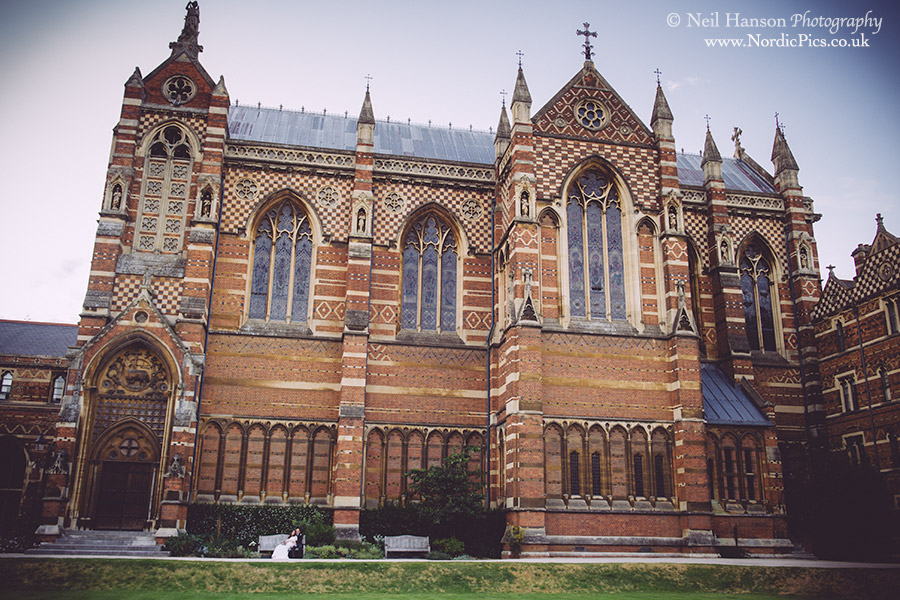 Bride & groom outside Keble College Chapel on their Wedding day