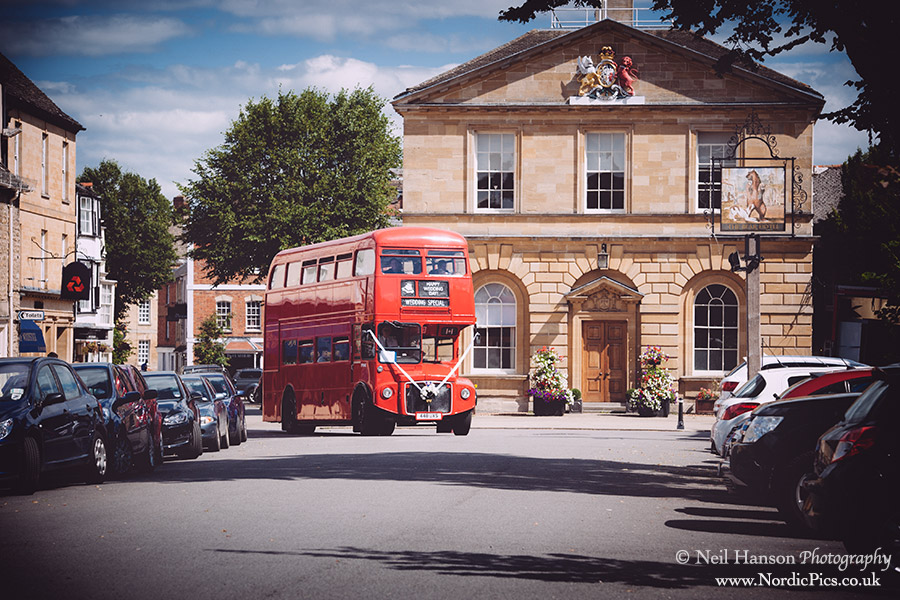 Wedding guests arrive in Woodstock on a vintage London Routemaster Bus