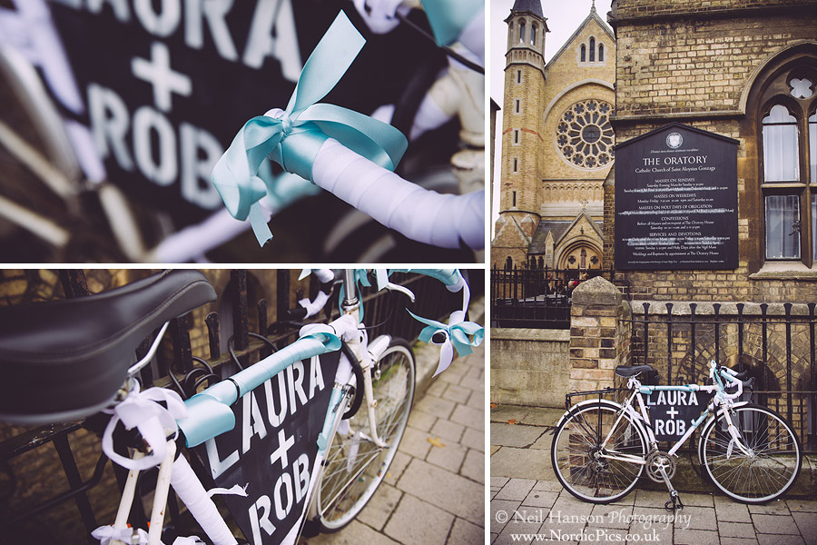 Rob & Lauras Bicycle sign outside The Oxford Oratory on their Wedding day