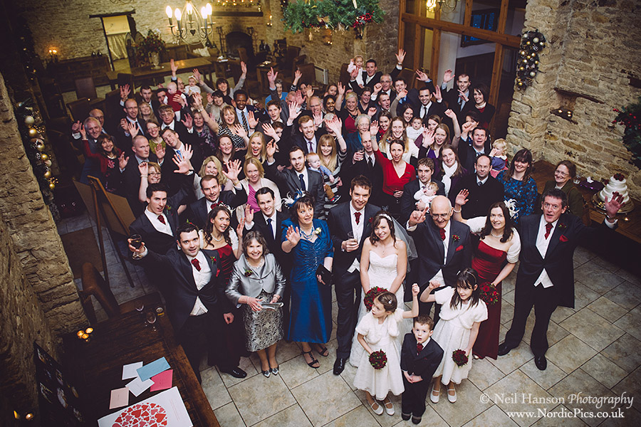 Large group shot of a Winter Wedding at The Great Barn Aynho