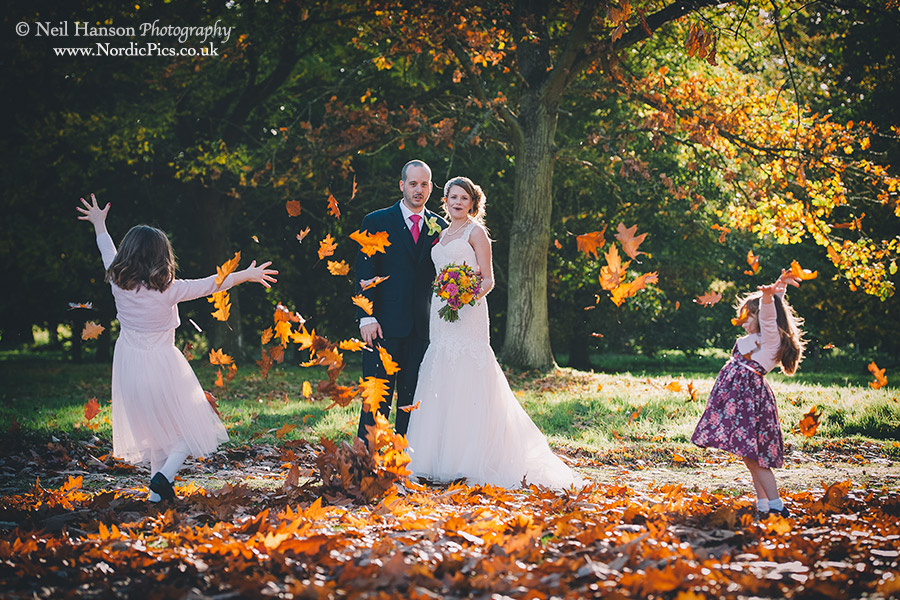 Autumn leaves being used as Confetti at Milton Hill House in Oxfordshire