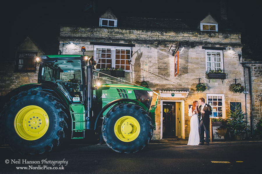 Bride and Groom at The Angel with a John Deer Tractor