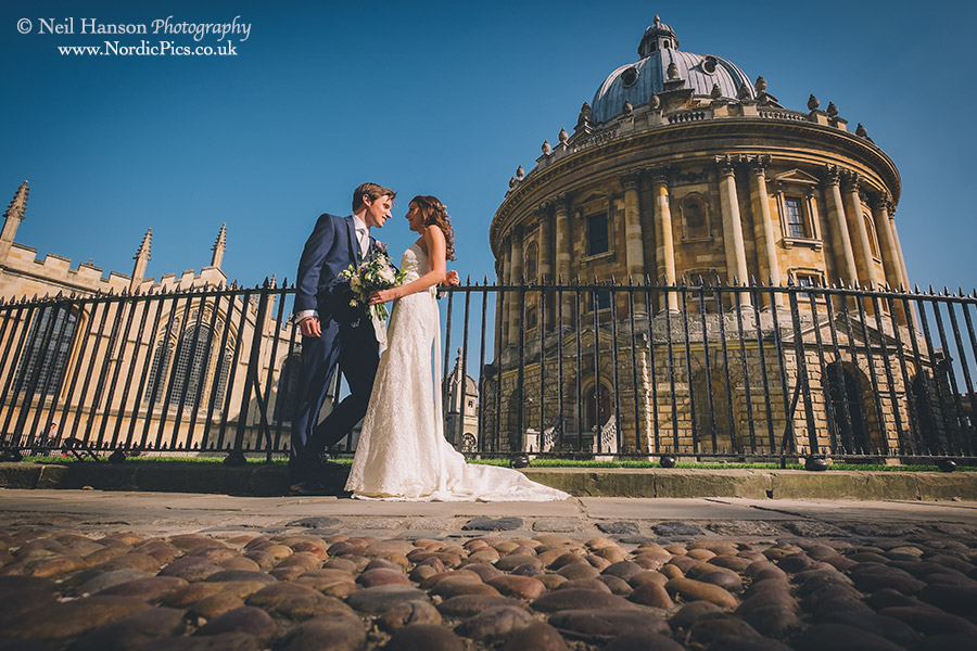 Bride and Groom in Radcliffe Square Oxford on their Wedding Day