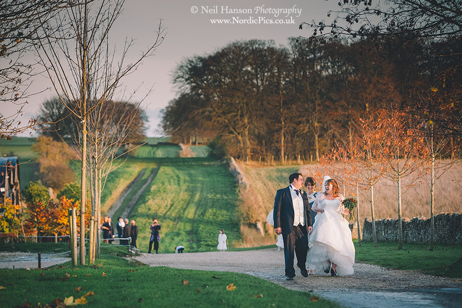Bride and Groom go for a walk at Cripps Stone Barn
