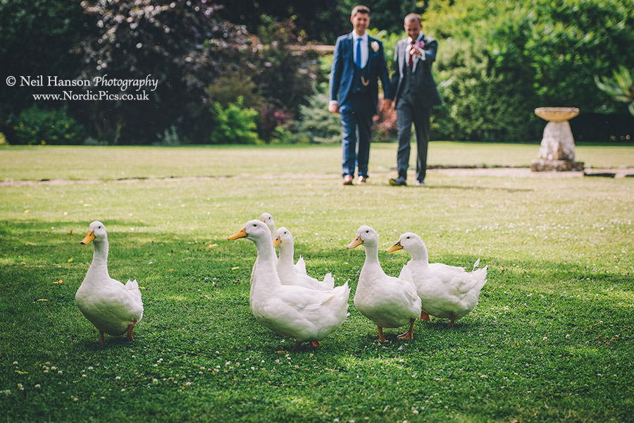 Couple with ducks at Caswell House same sex wedding