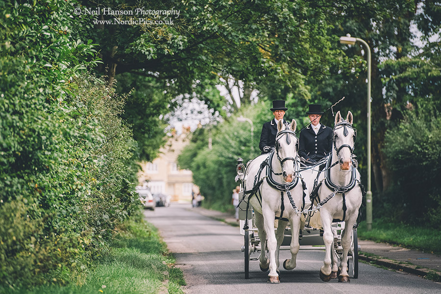 Bride arrives at Cogges Farm on Horse and Carriage