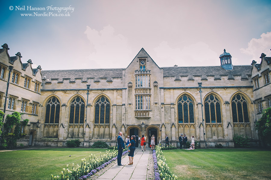 Guests arriving for a wedding at University College Oxford