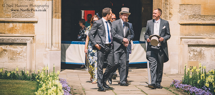 Groom arriving on his wedding day at University College Oxford