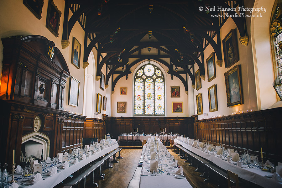Dining Hall at University College Oxford ready for a Wedding Breakfast