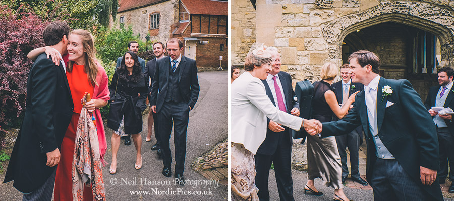Groom welcoming guests at Dorchester Abbey