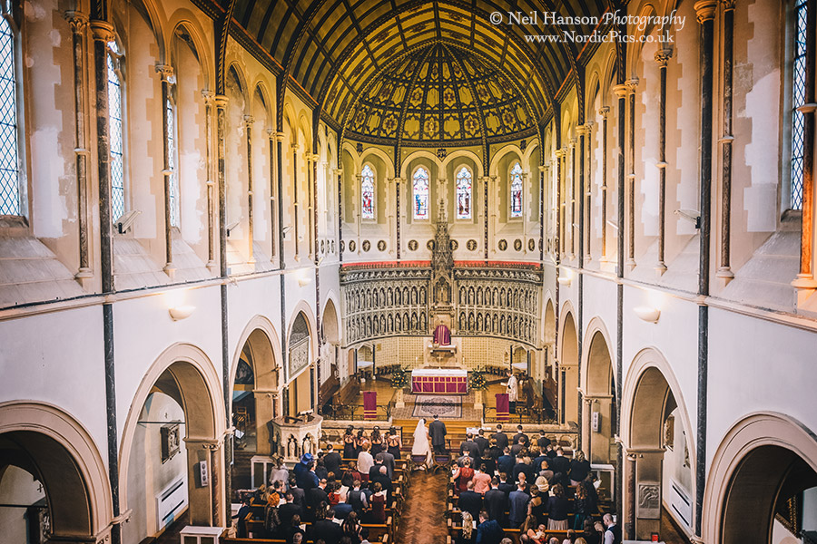 View of the wedding ceremony from the balcony at The Oxford Oratory Church