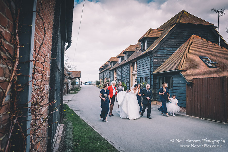 Bridal party arrives at Cooling Castle Barn