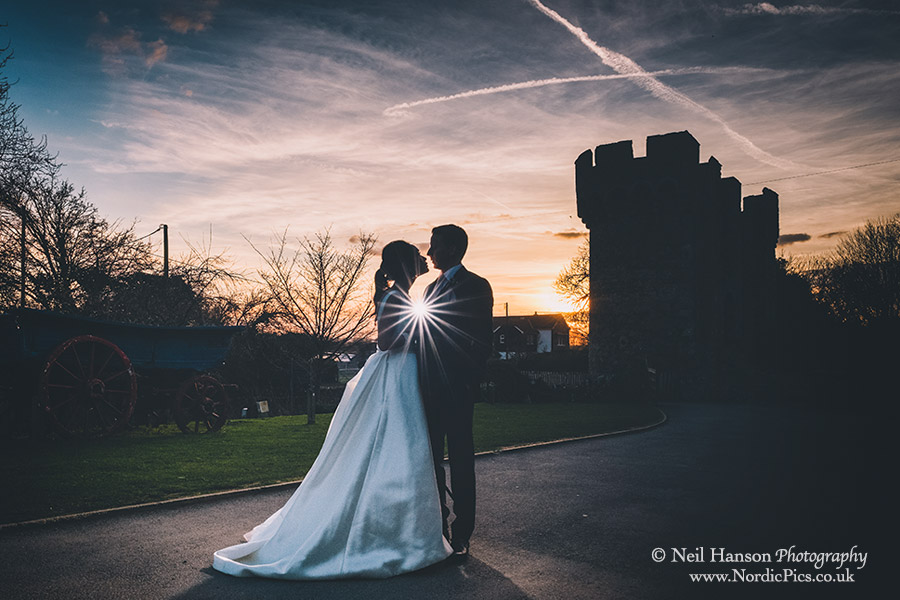 Wedding day sunset at Cooling Castle Barn
