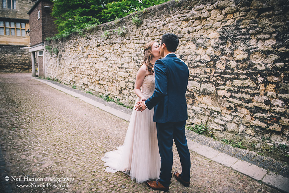 Bride and Grooms first kiss on their First Look Wedding in Oxford