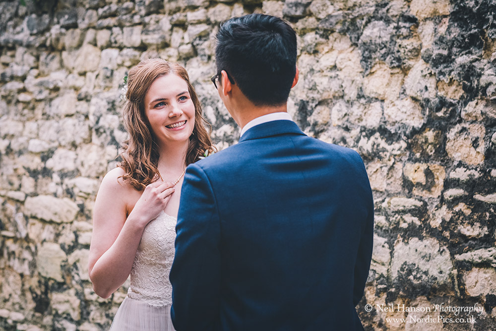 brides reaction to seeing her groom on their First look wedding in Oxford