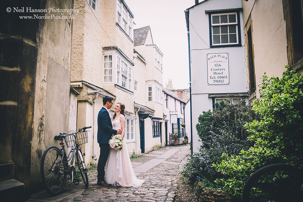 Bride and Groom in historic Oxford on their Wedding day