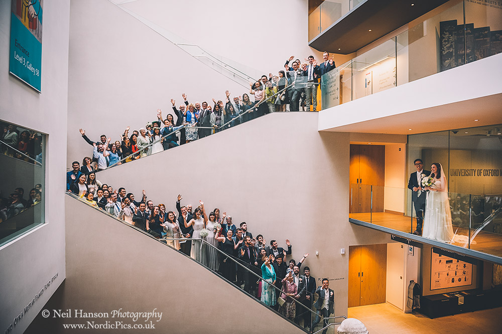 Large wedding group shot on the stairs at The Ashmolean Museum Oxford