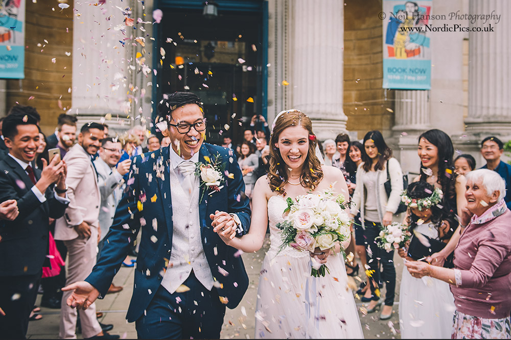 Wedding confetti outside the Ashmolean museum in Oxford
